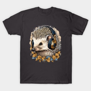 Cute Hedgehog with Headphones Blue Gold design T-Shirt